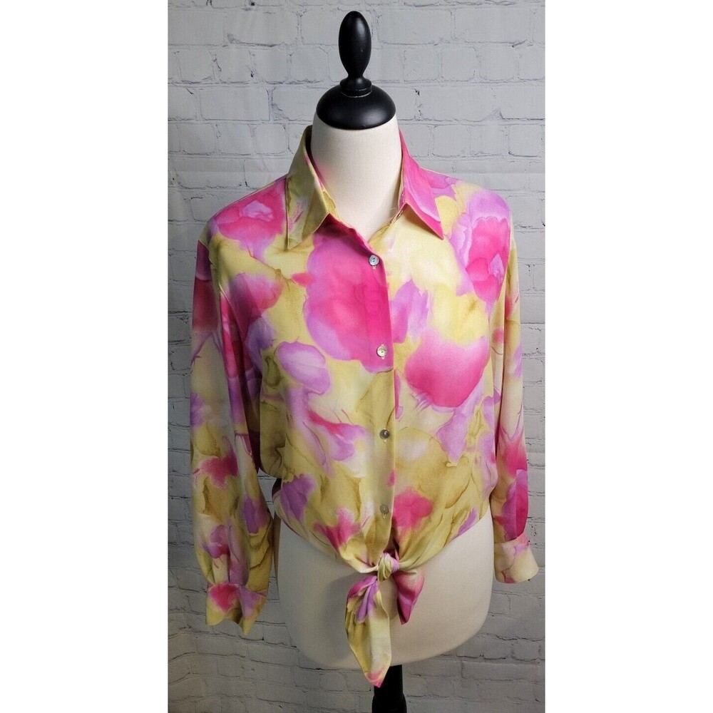 Caviar Sheer Blouse Sz M Tie-Front Button Floral Watercolor Pink Yellow Purple